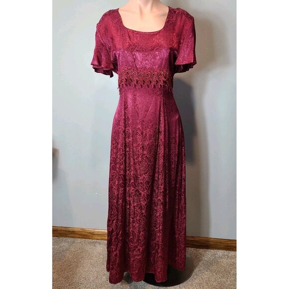 Vintage 90s Dress Floral Brocade Satin 3D Rose Lace Red Gilded Age Holiday Large - Picture 1 of 11